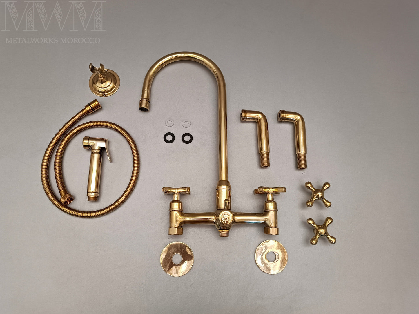 8 inch Brass Wall Mount Kitchen Faucet With Sprayer