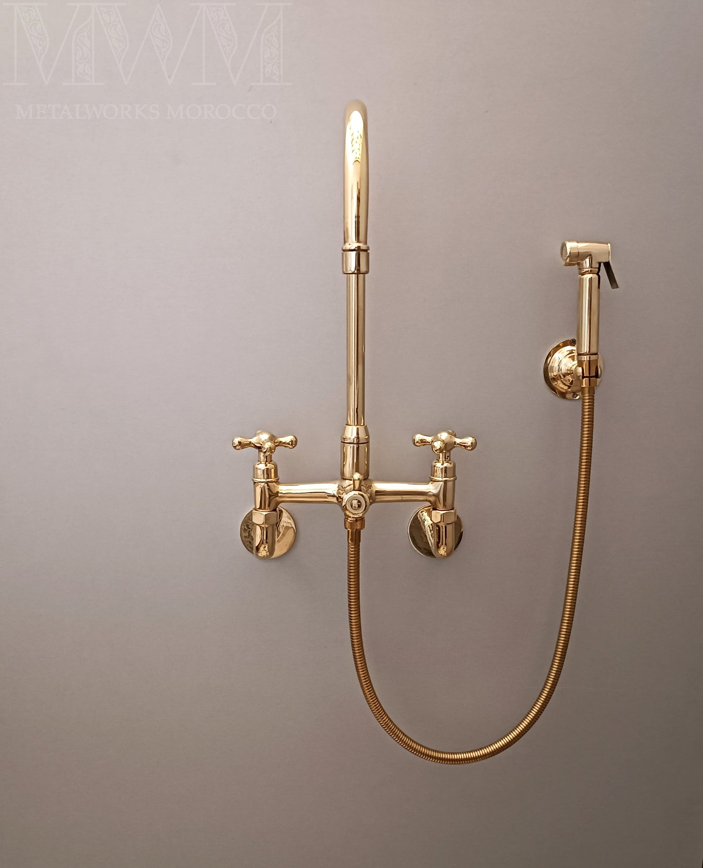 8 inch Brass Wall Mount Kitchen Faucet With Sprayer