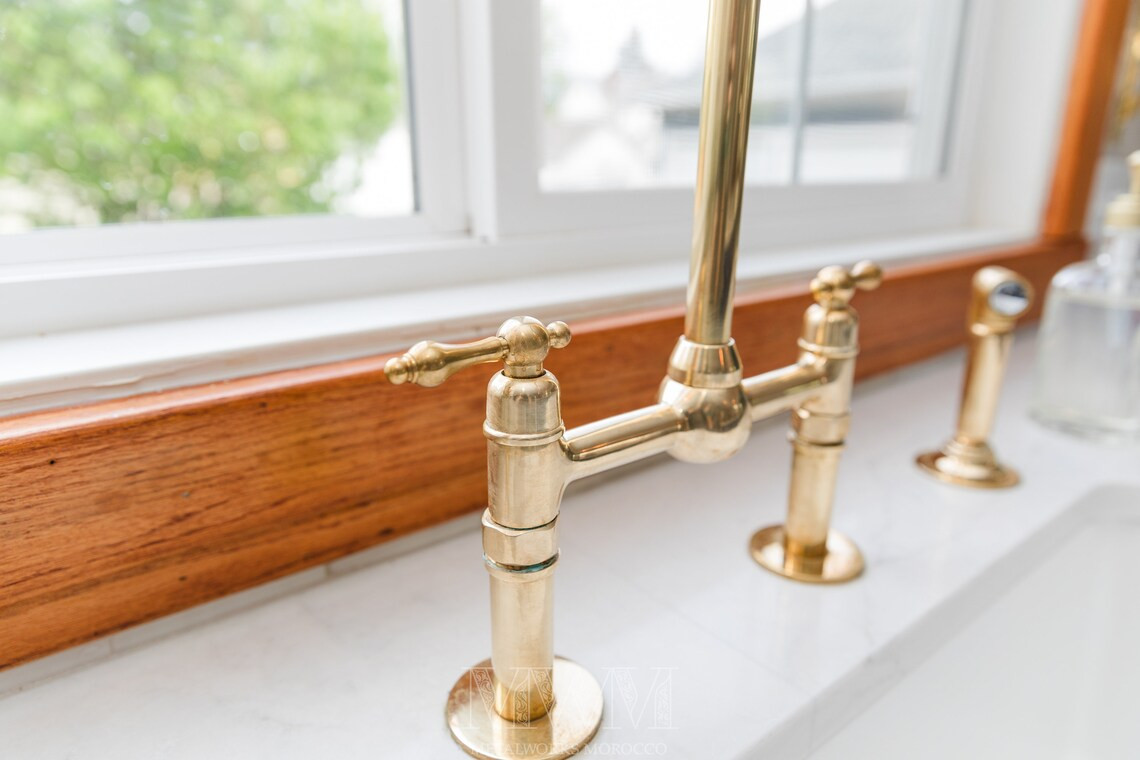 Brass 2-Hole Bridge Kitchen Faucet With Sprayer