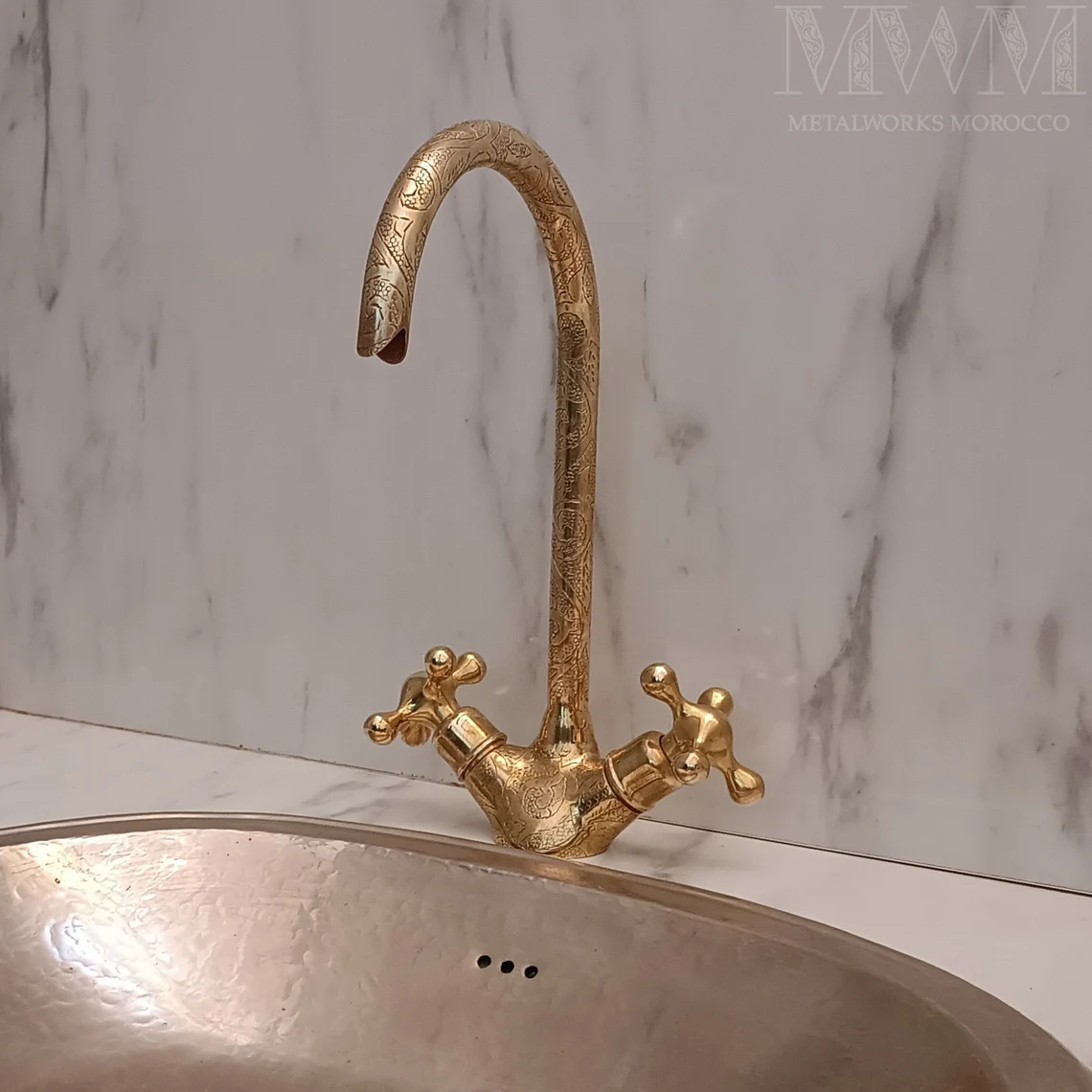 Brass Bathroom Sink faucet Moroccan Embossed Sink Faucet Gooseneck