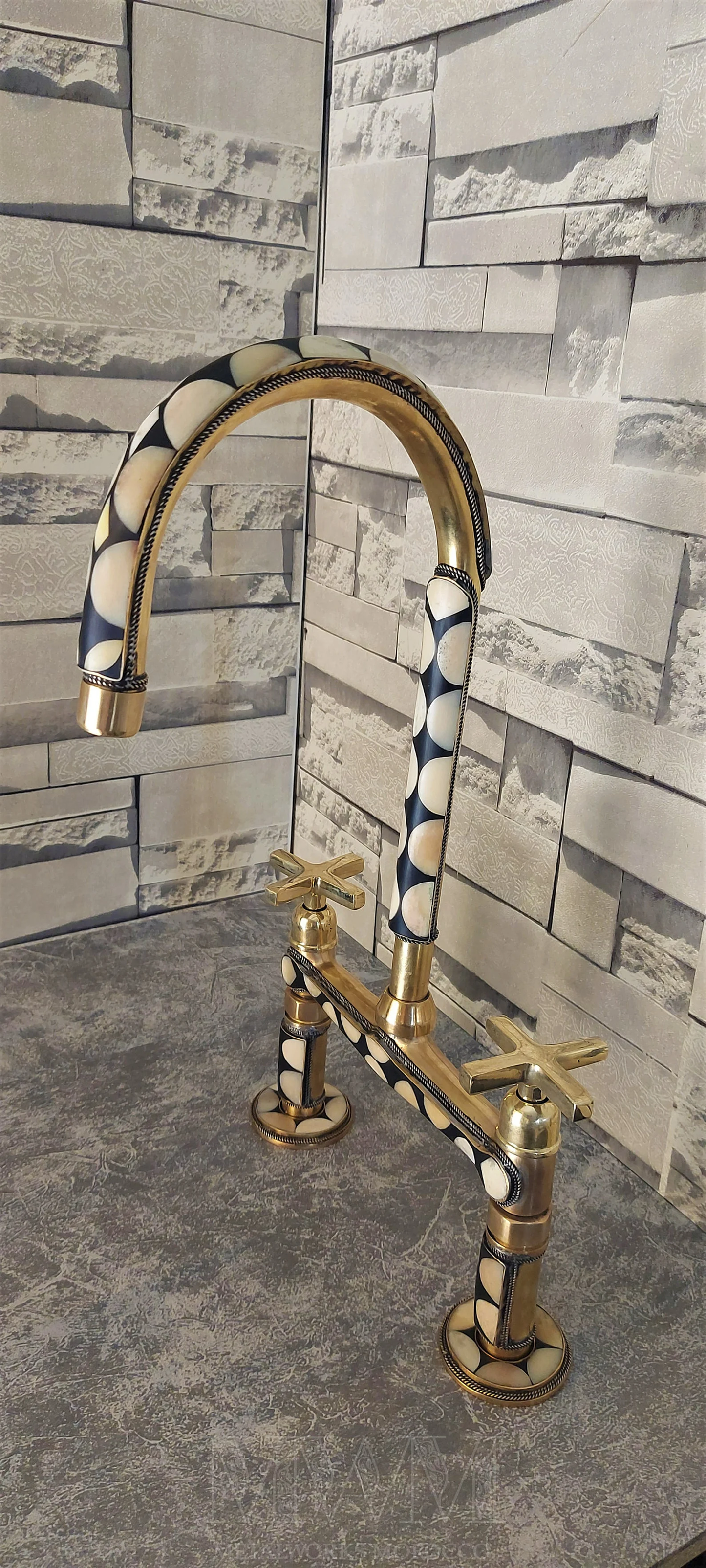 Brass Bridge Kitchen Faucet Studded With Resin