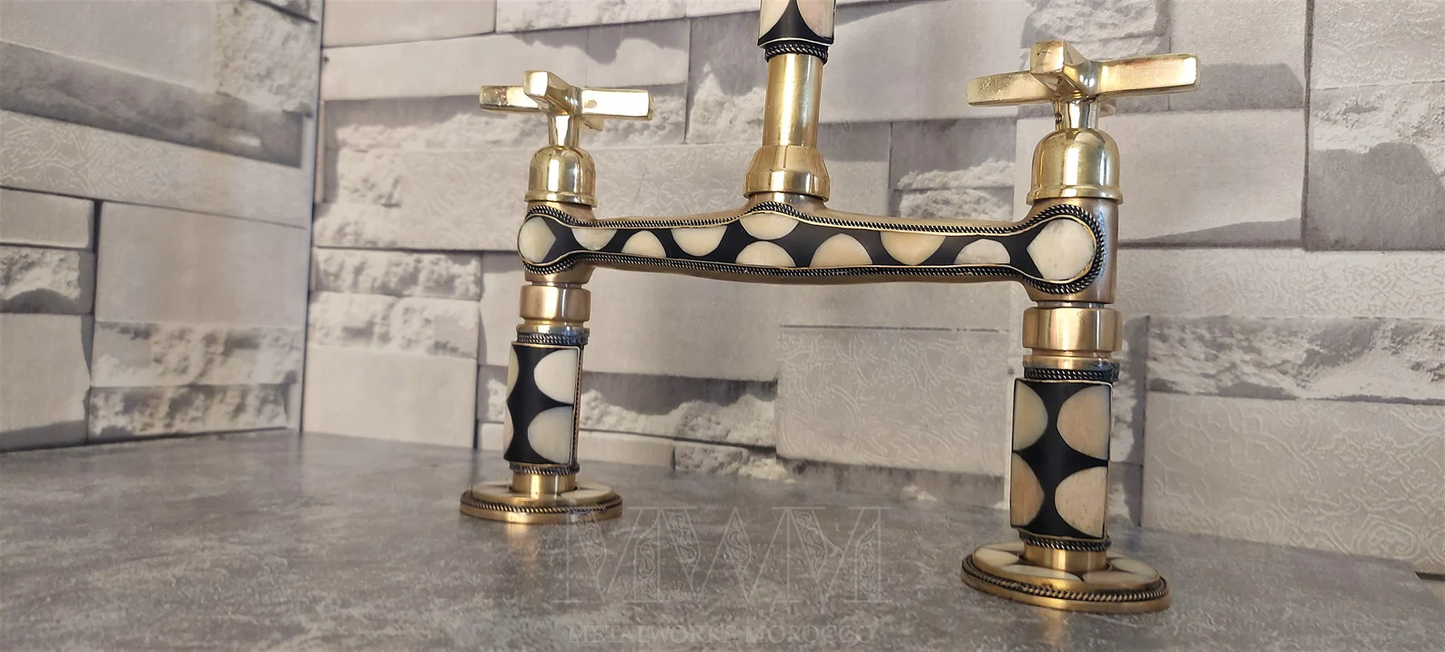Brass Bridge Kitchen Faucet Studded With Resin