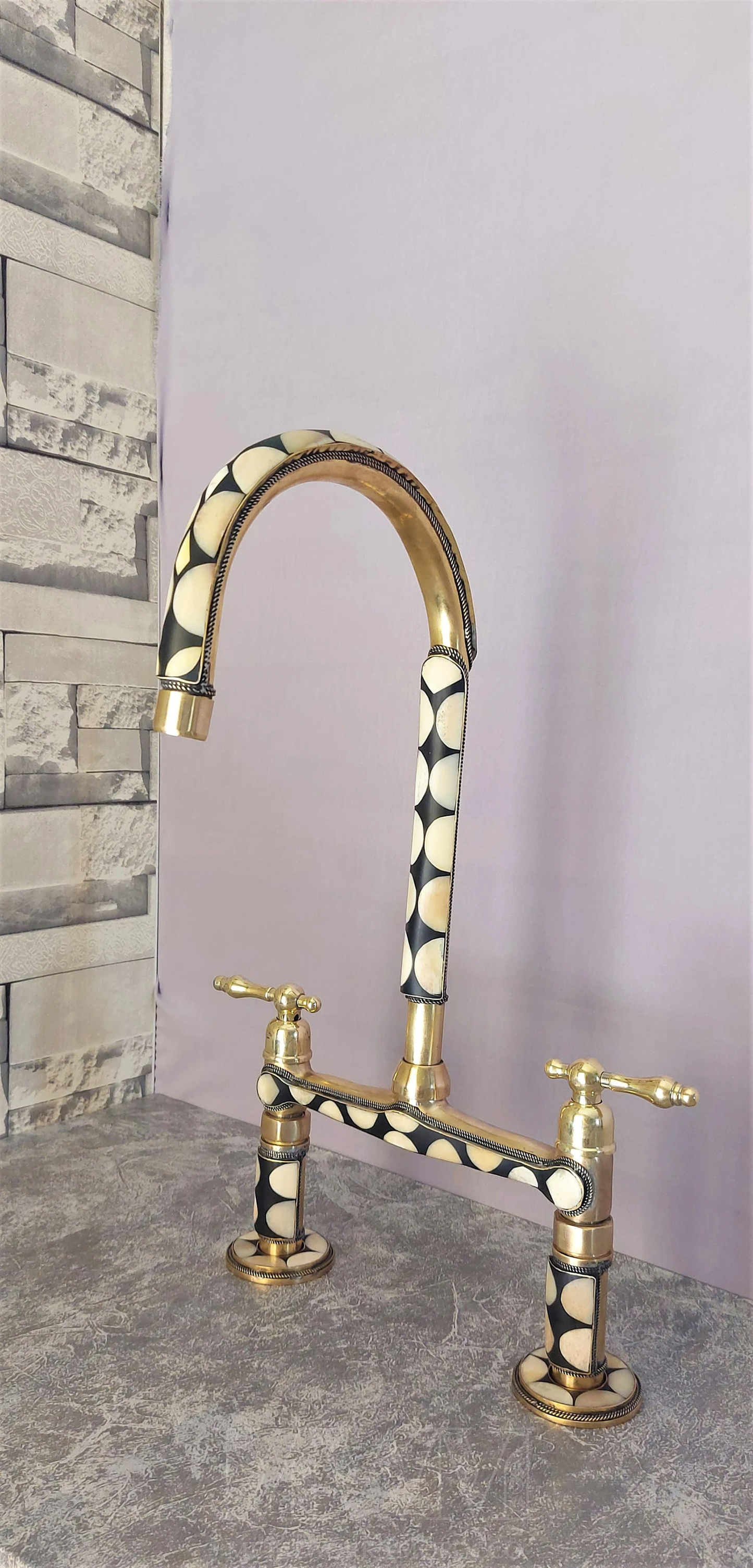 Brass Bridge Kitchen Faucet Studded With Resin