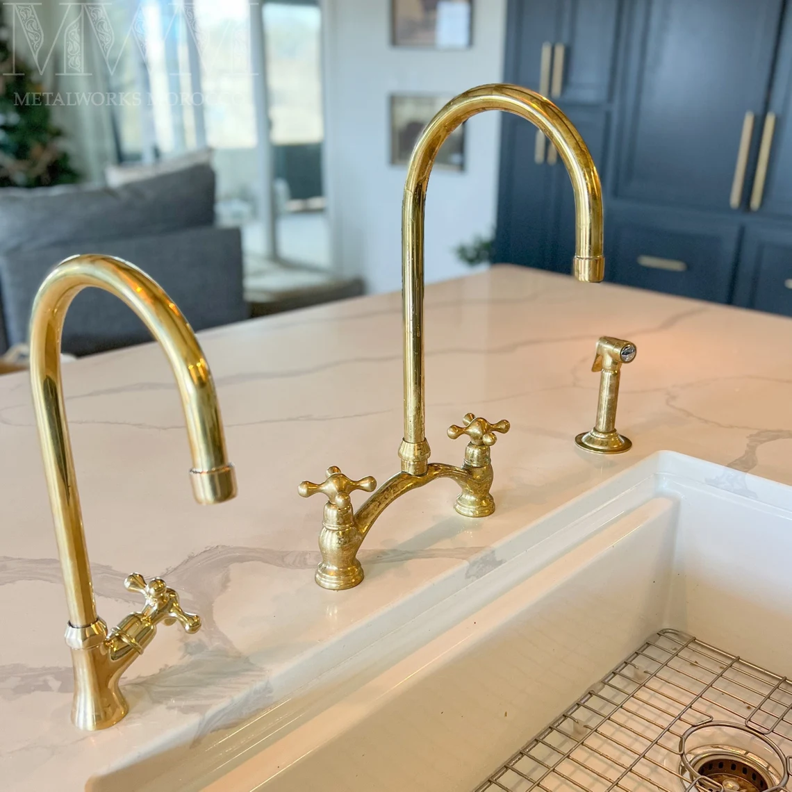 Classic Unlacquered Brass Bridge Faucet With Sprayer