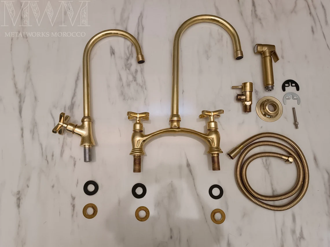 Classic Unlacquered Brass Bridge Faucet With Sprayer