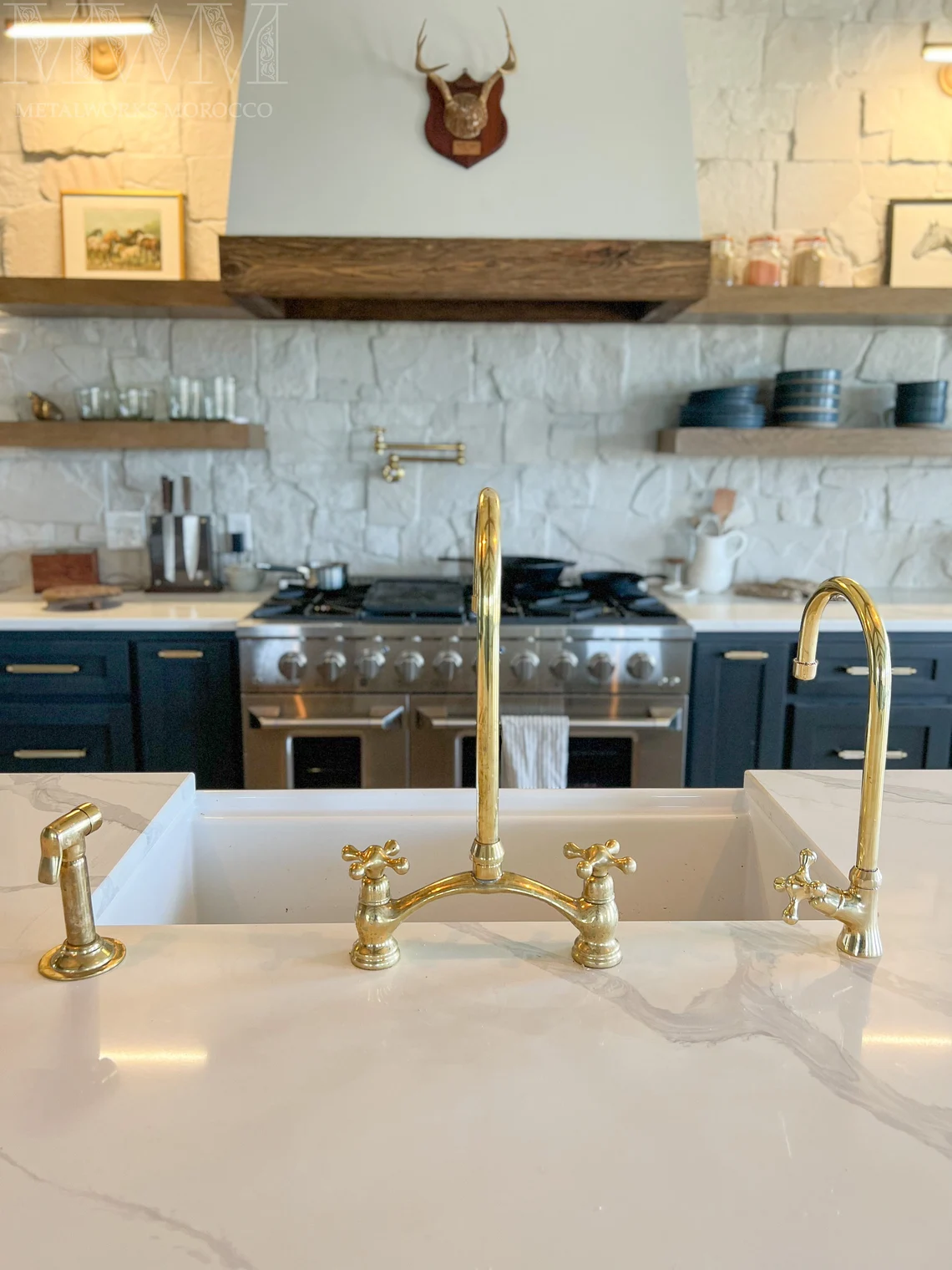 Classic Unlacquered Brass Bridge Faucet With Sprayer