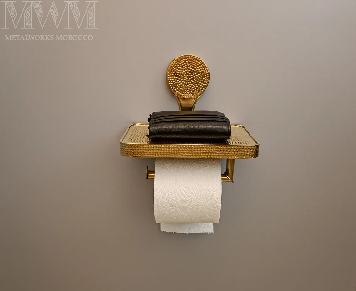 Hammered Brass Loo Roll Holder With Shelf