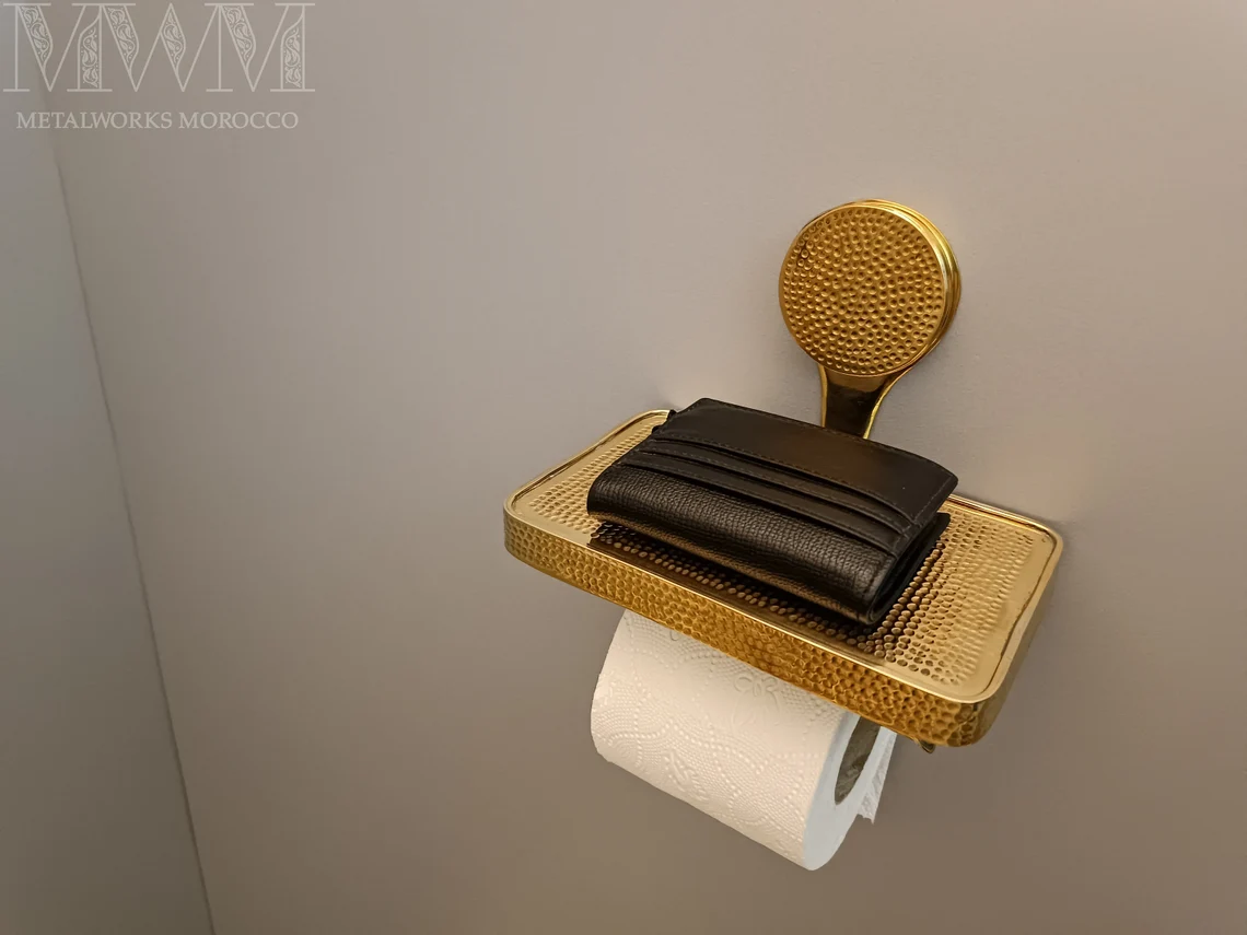 Hammered Brass Loo Roll Holder With Shelf