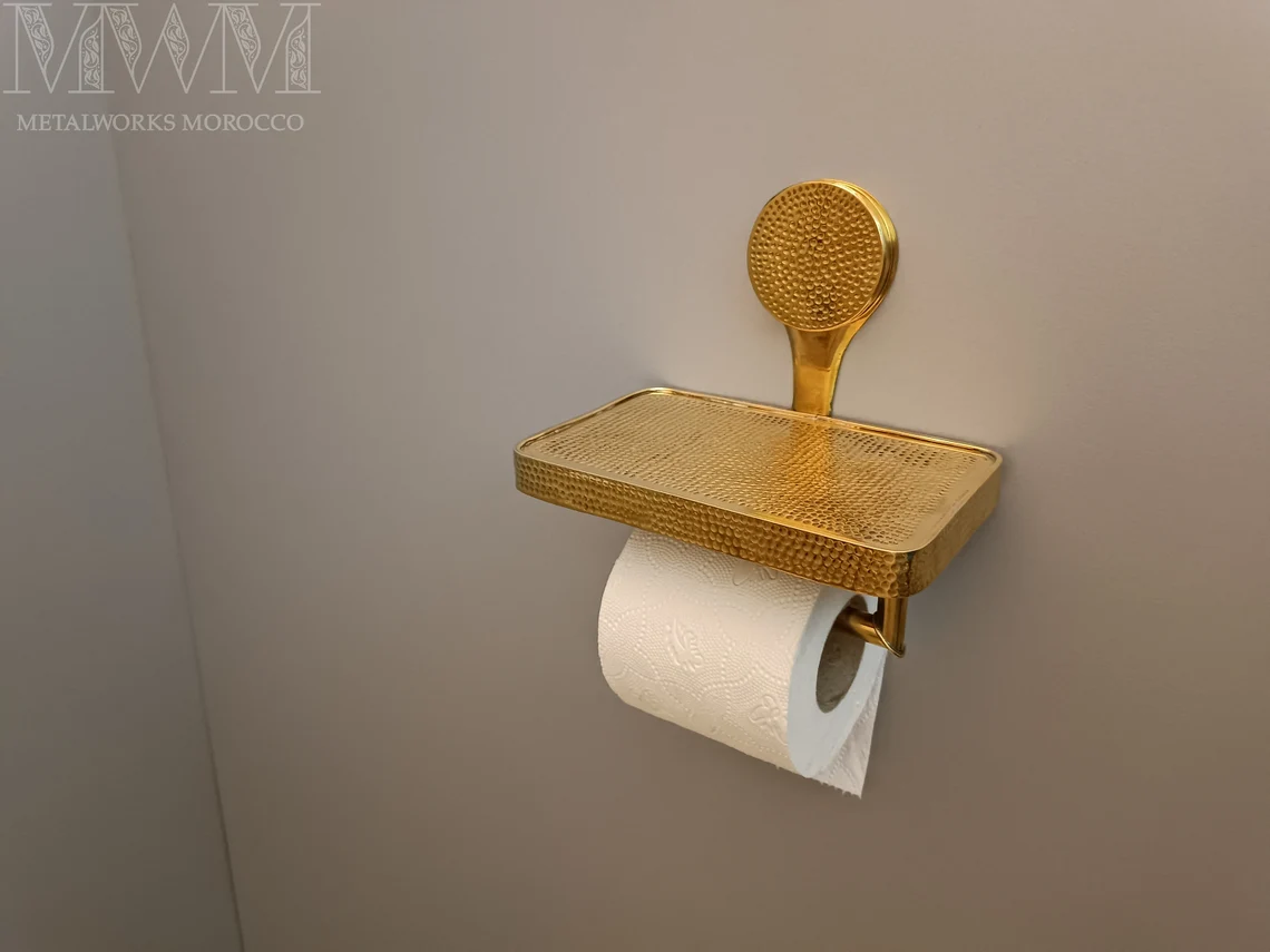 Hammered Brass Loo Roll Holder With Shelf