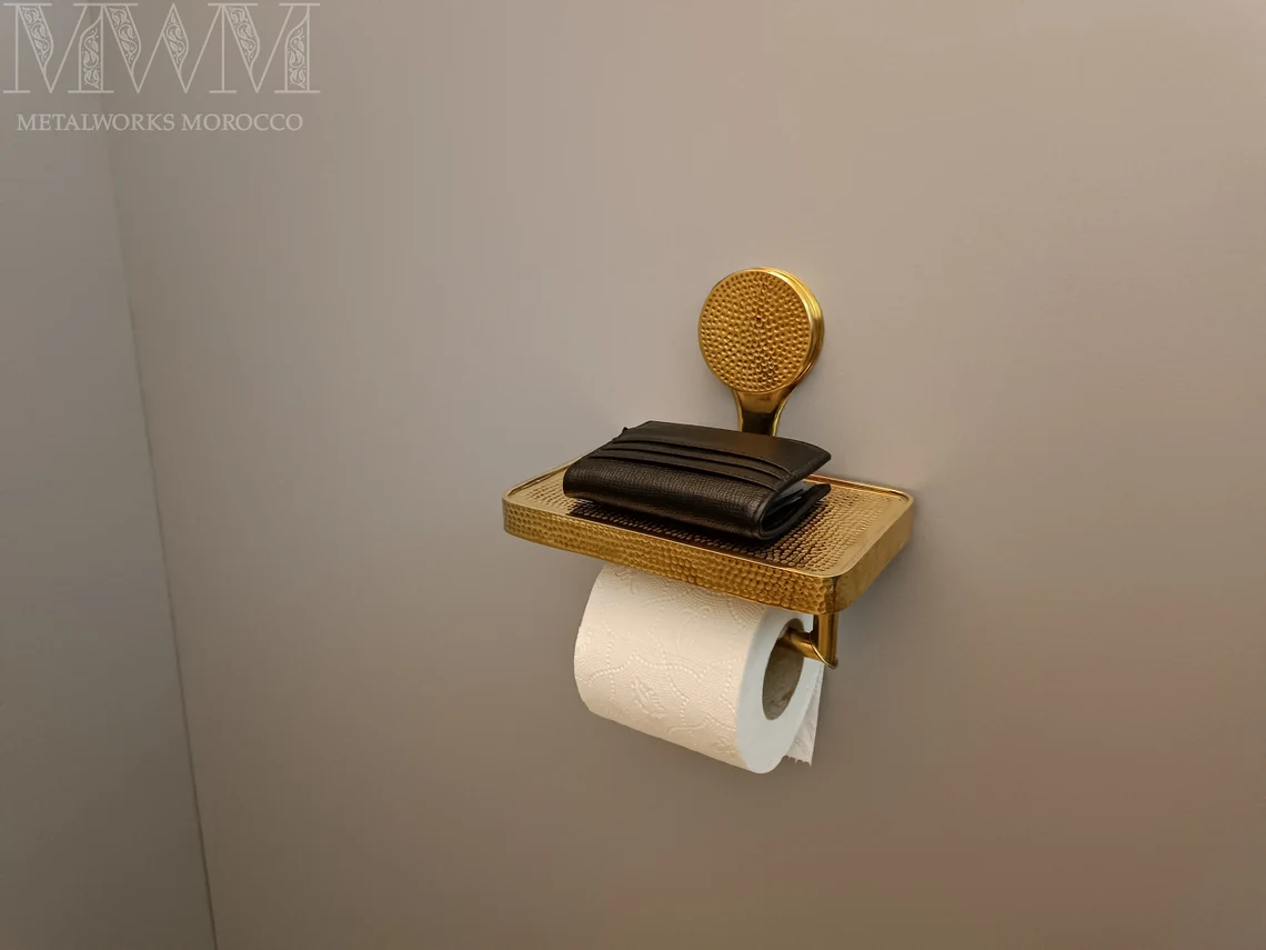 Hammered Brass Loo Roll Holder With Shelf