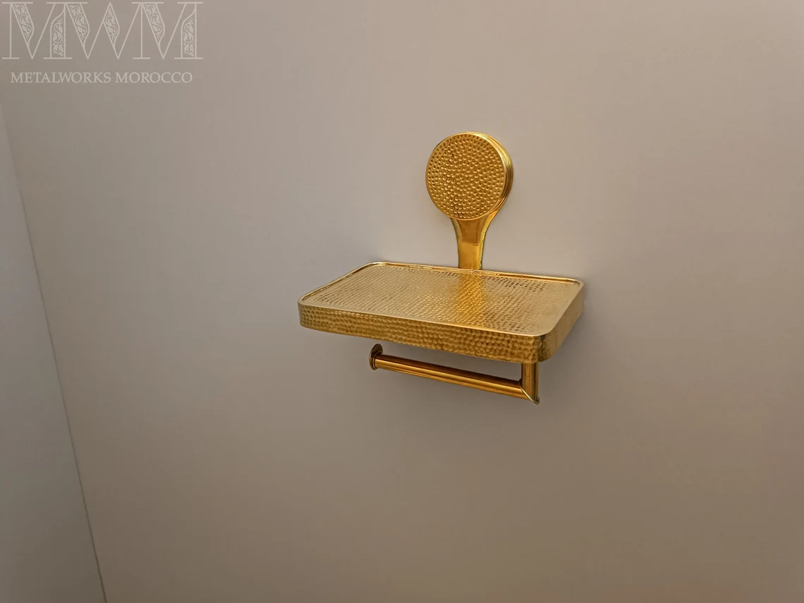 Hammered Brass Loo Roll Holder With Shelf