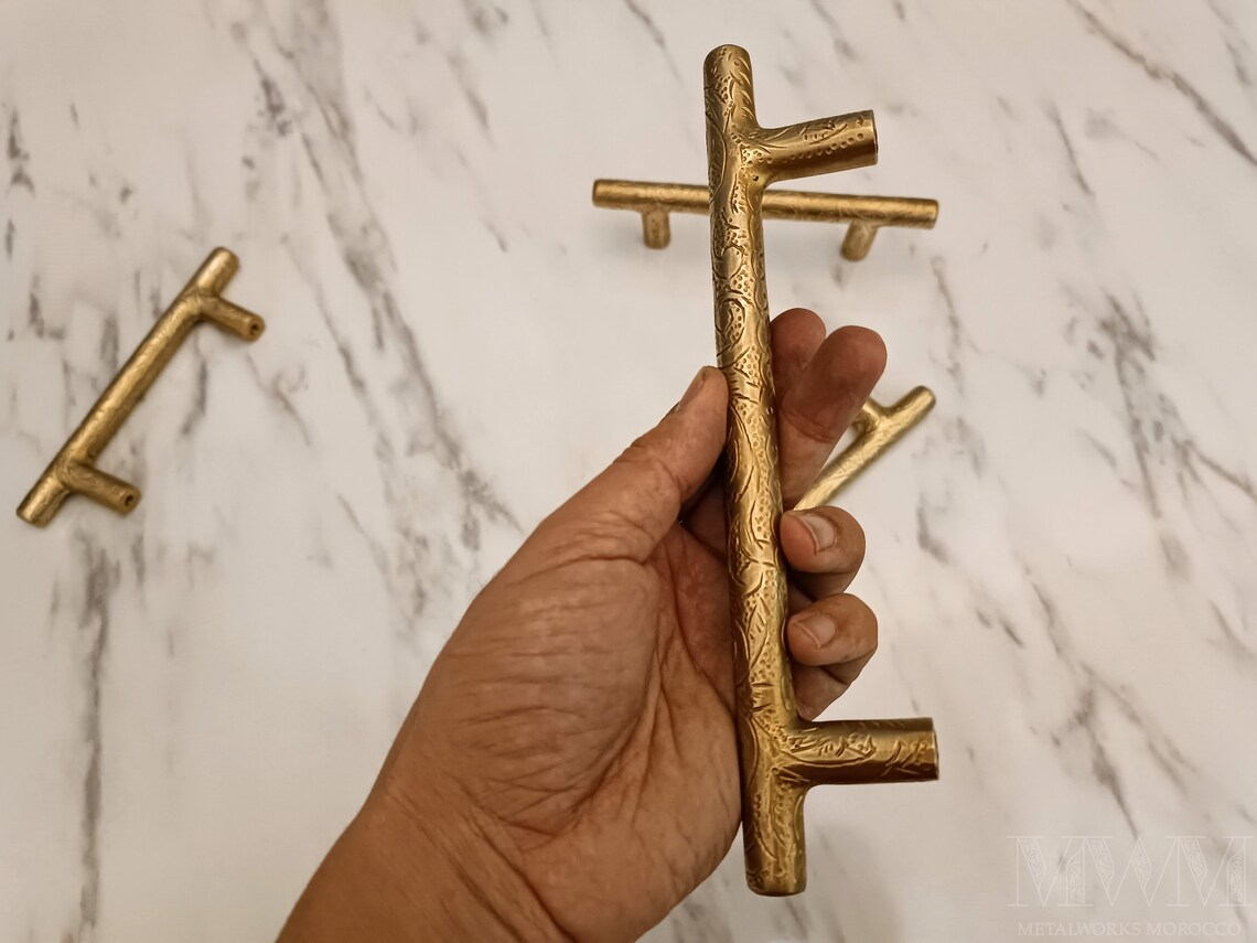 Moroccan Unlacquered Brass Appliance Pull Handmade Engraving
