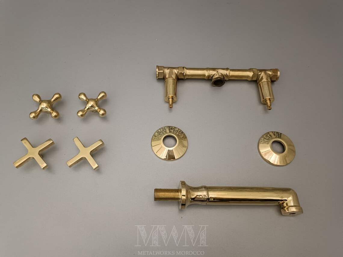 Raw Brass Wall Mount Tub Filler With Big Spout - Handmade Bathtub Faucet