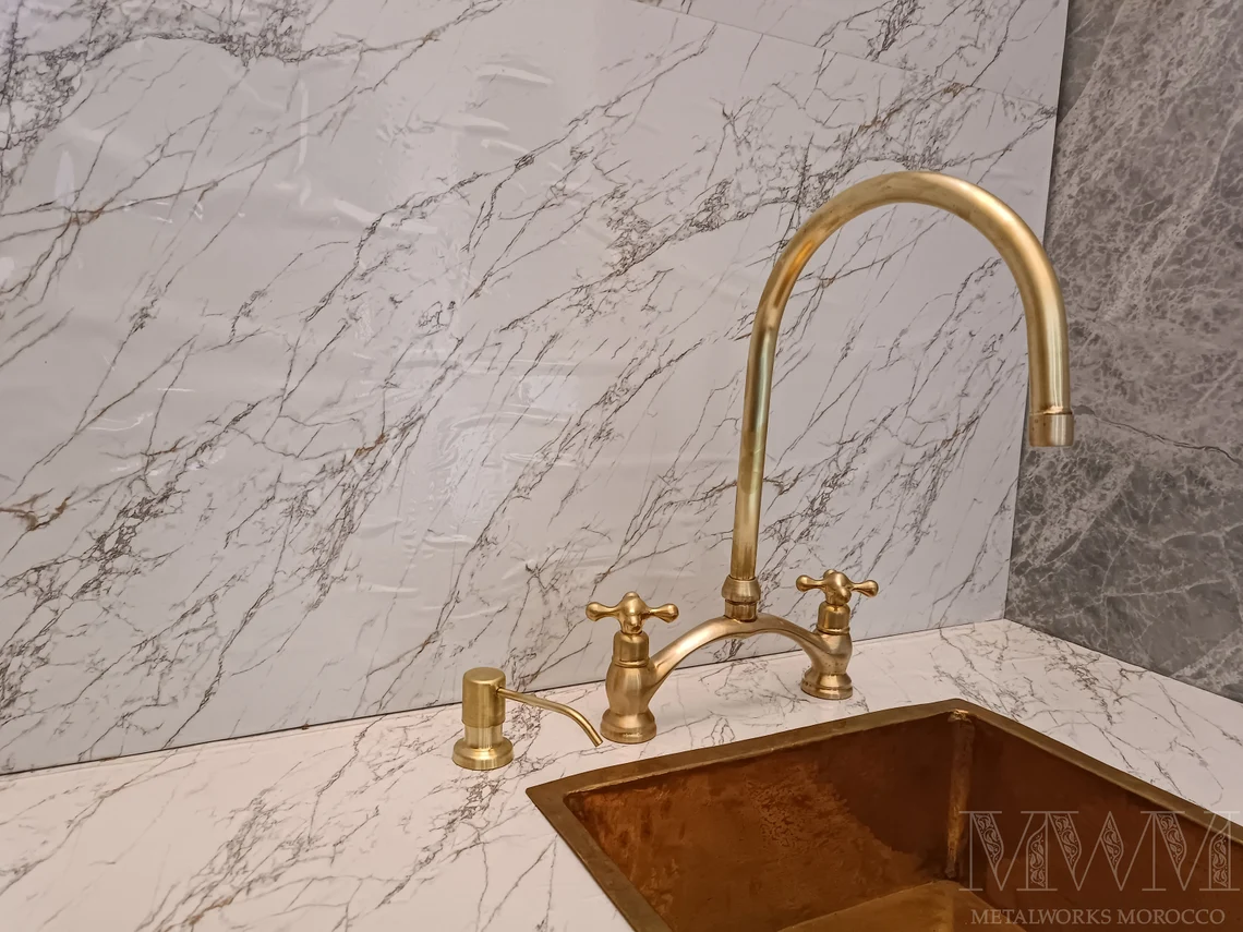 Unique Brushed Brass Bridge Faucet Get Patina