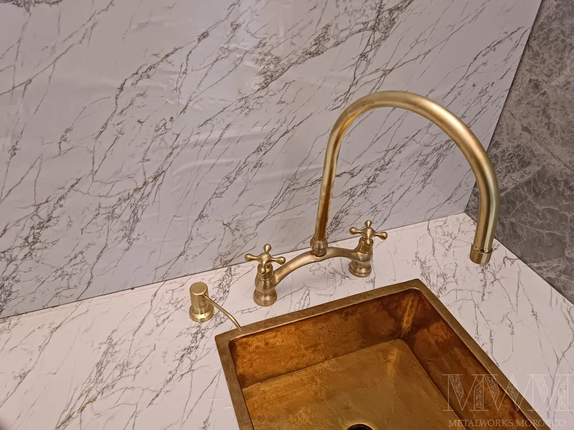 Unique Brushed Brass Bridge Faucet Get Patina