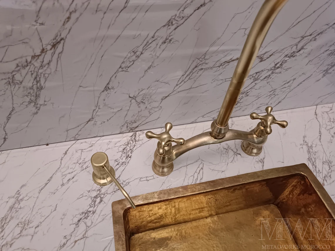 Unique Brushed Brass Bridge Faucet Get Patina