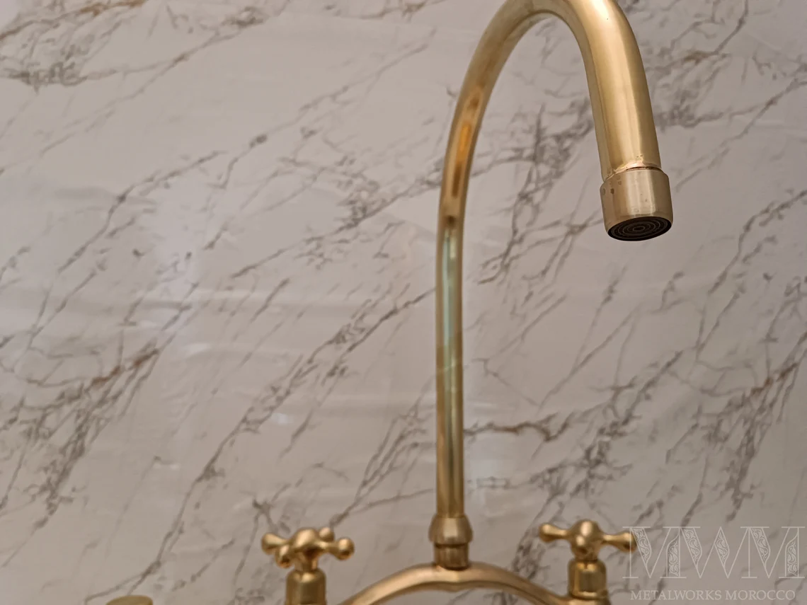 Unique Brushed Brass Bridge Faucet Get Patina