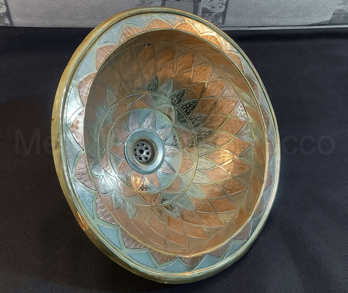 Unlacquered Brass Bathroom Sink Studded With Copper - 14 inch Handmade Drop in Sink