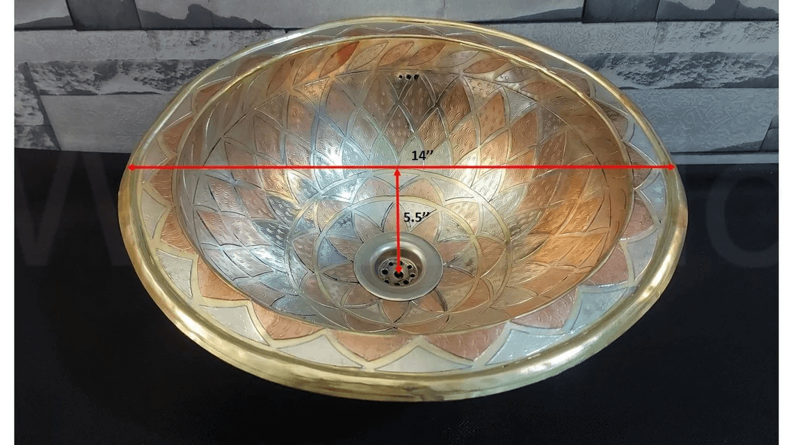 Unlacquered Brass Bathroom Sink Studded With Copper - 14 inch Handmade Drop in Sink