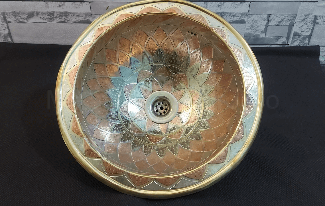Unlacquered Brass Bathroom Sink Studded With Copper - 14 inch Handmade Drop in Sink