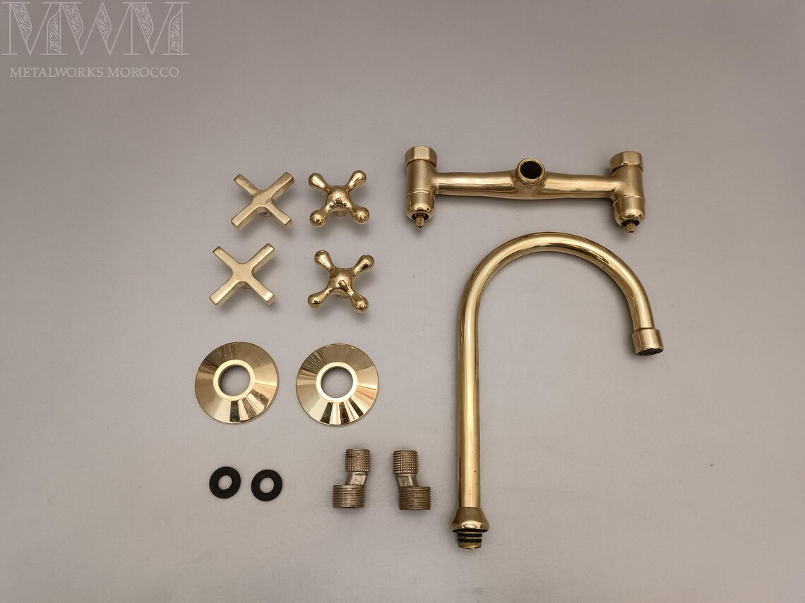 Unlacquered Brass Gooseneck Wall Mounted Kitchen Faucet