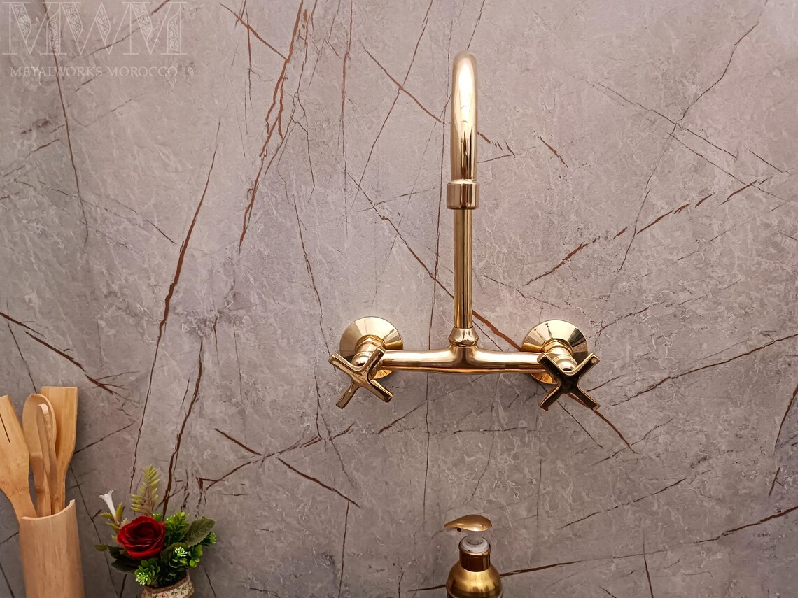 Unlacquered Brass Gooseneck Wall Mounted Kitchen Faucet