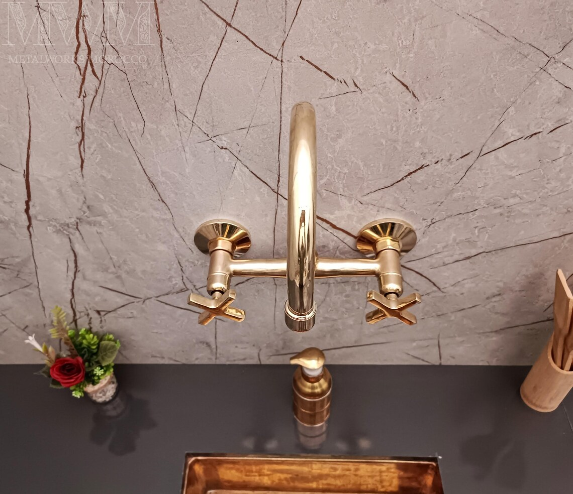 Unlacquered Brass Gooseneck Wall Mounted Kitchen Faucet