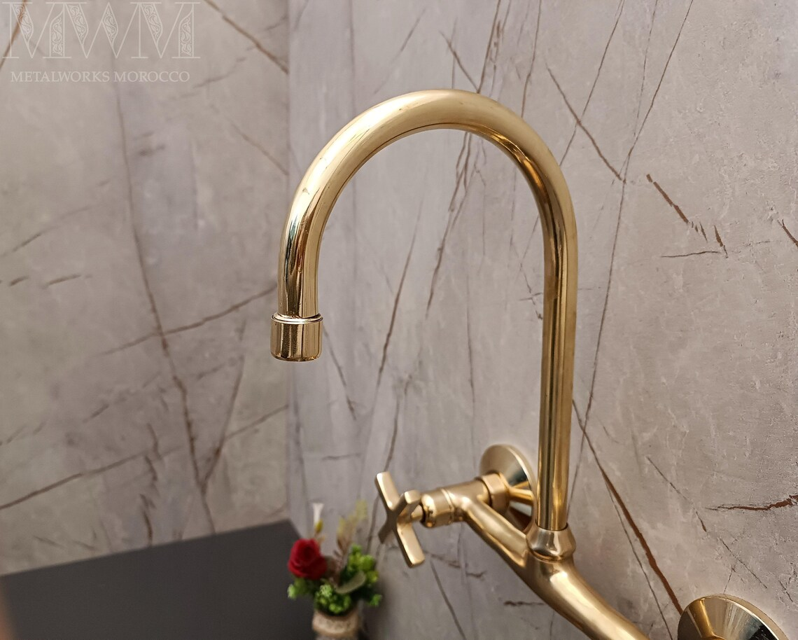 Unlacquered Brass Gooseneck Wall Mounted Kitchen Faucet