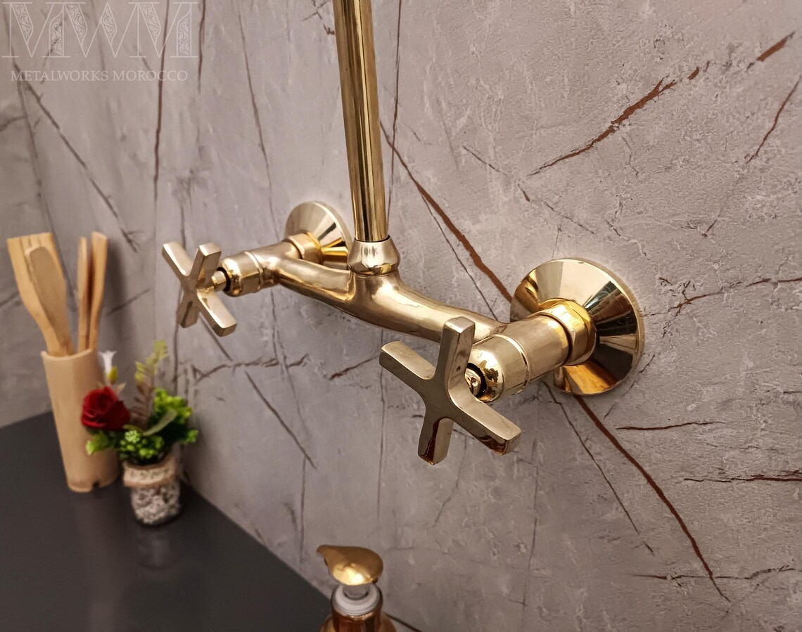Unlacquered Brass Gooseneck Wall Mounted Kitchen Faucet