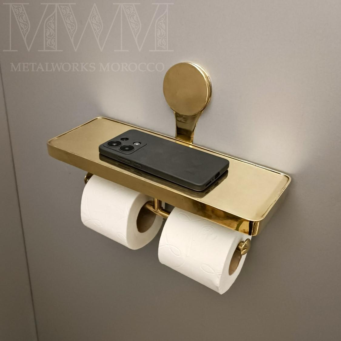 Unlacquered Brass Double Toilet Paper Holder With Shelf