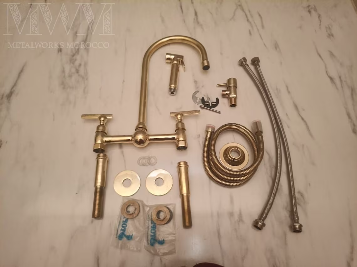 Unlacquered Brass Kitchen Faucet with Sprayer – Bridge Style