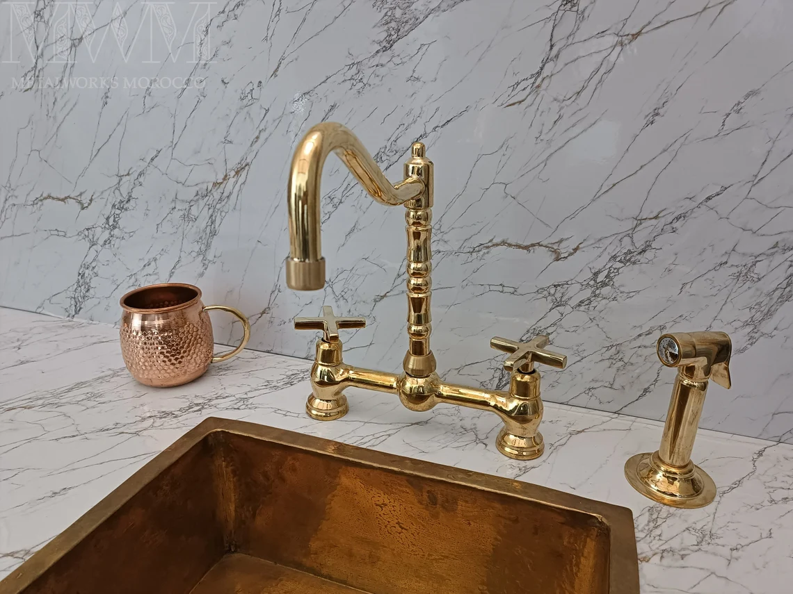 Unlacquered Brass Unique Bridge Faucet With Georgian Spout - Handmade Faucet