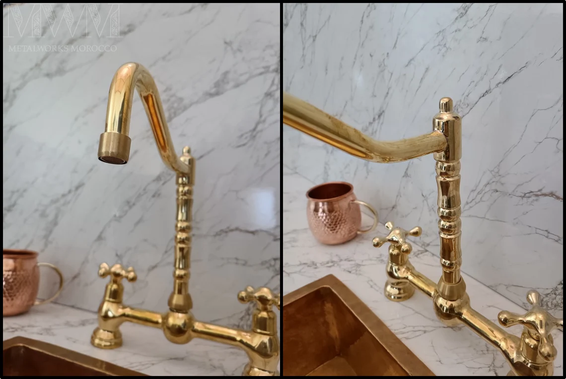 Unlacquered Brass Unique Bridge Faucet With Georgian Spout - Handmade Faucet