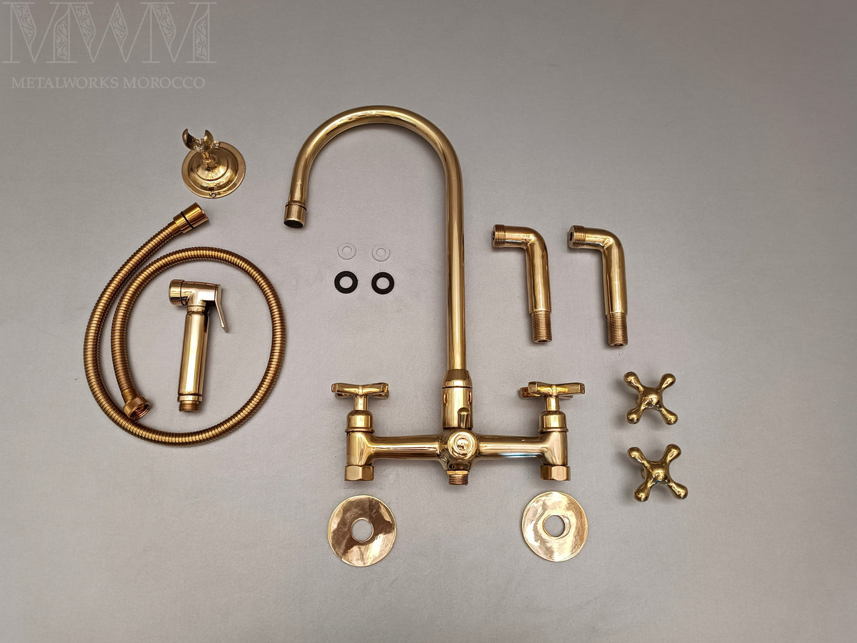 8 inch Brass Wall Mount Kitchen Faucet With Sprayer spout close-up showing curve and finish