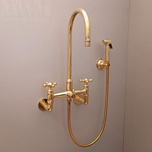 8 inch Brass Wall Mount Kitchen Faucet With Sprayer