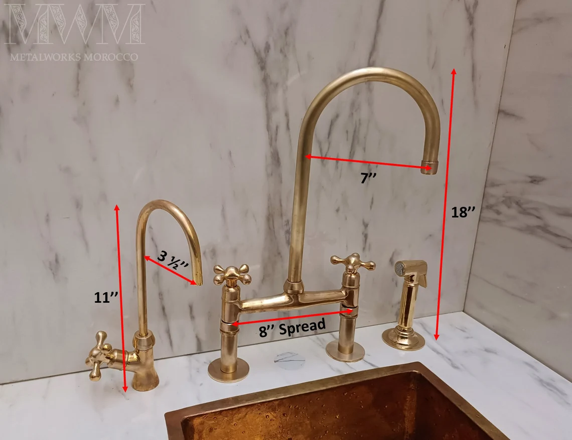 Aged brass kitchen faucet dimensions: 18 inch height, 7 inch reach, 8 inch spread