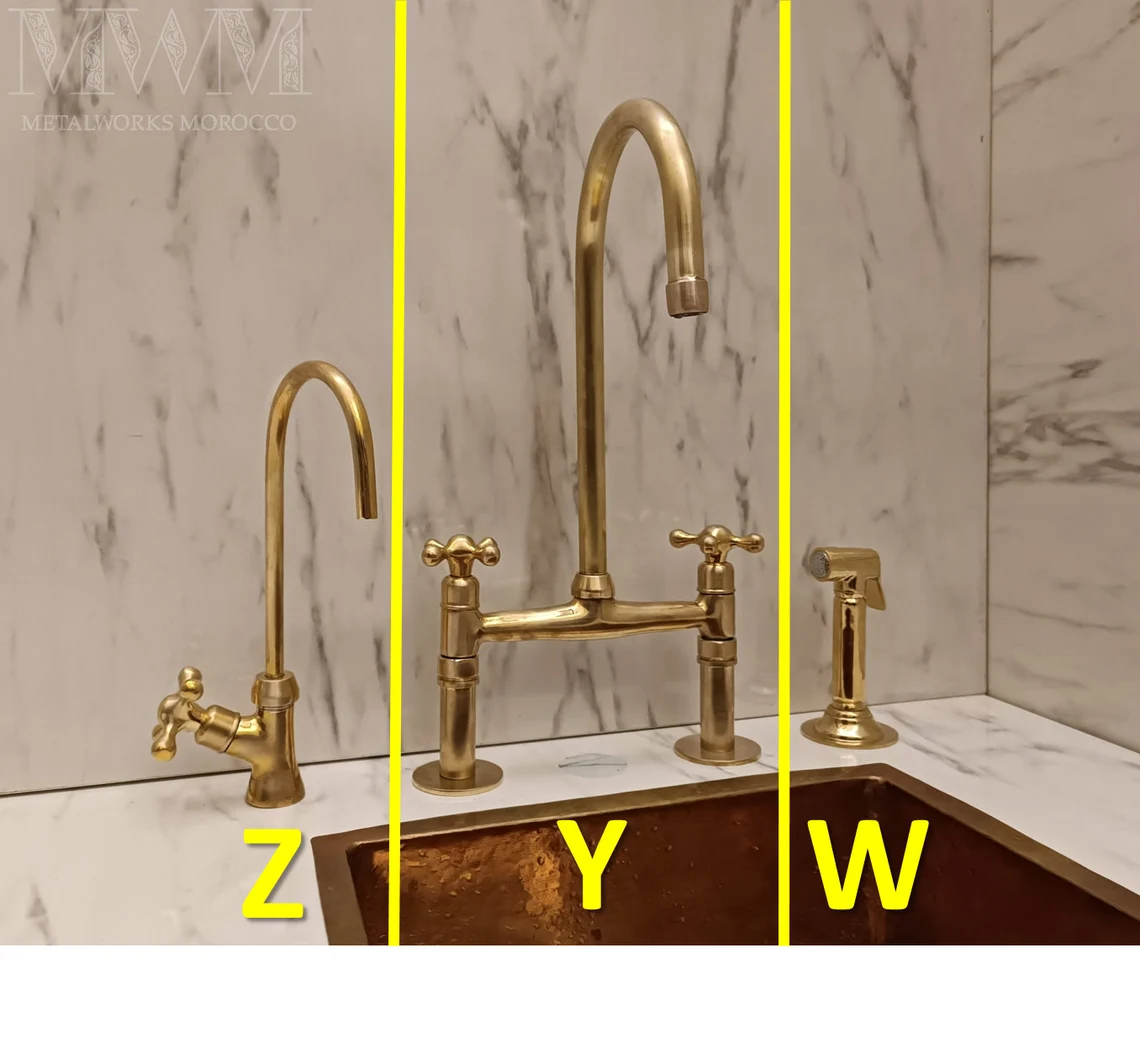 Bridge faucet Y, side sprayer W and drinking water faucet Z options, Aged Brass Kitchen Faucet With Gooseneck Spout