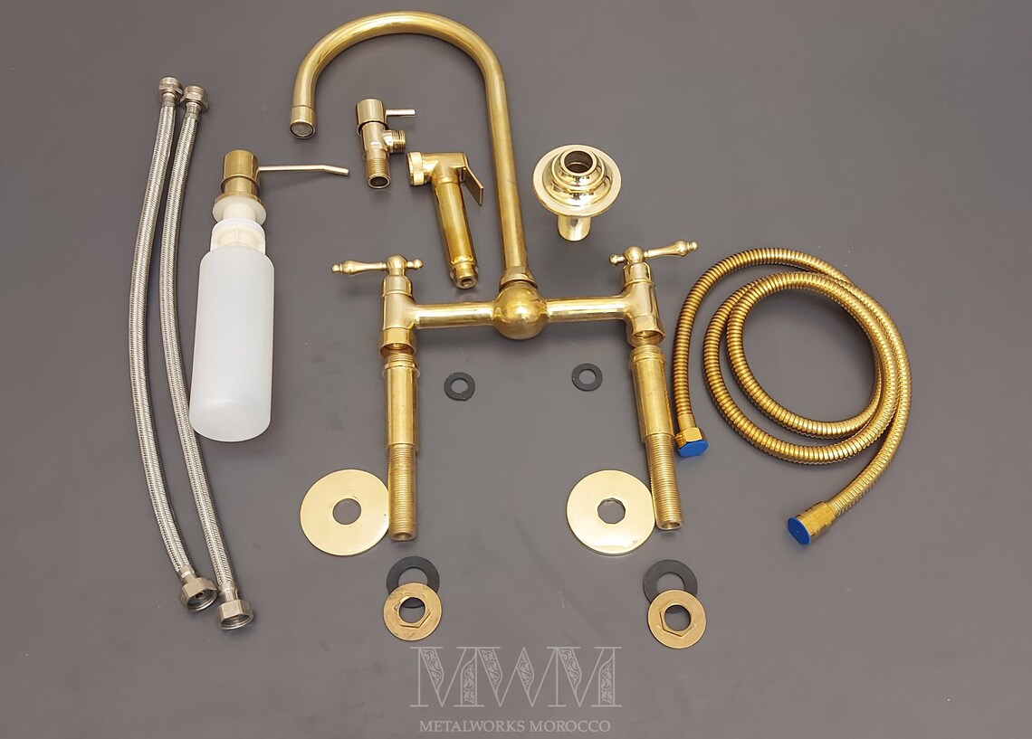 Brass 2-Hole Bridge Kitchen Faucet With Sprayer