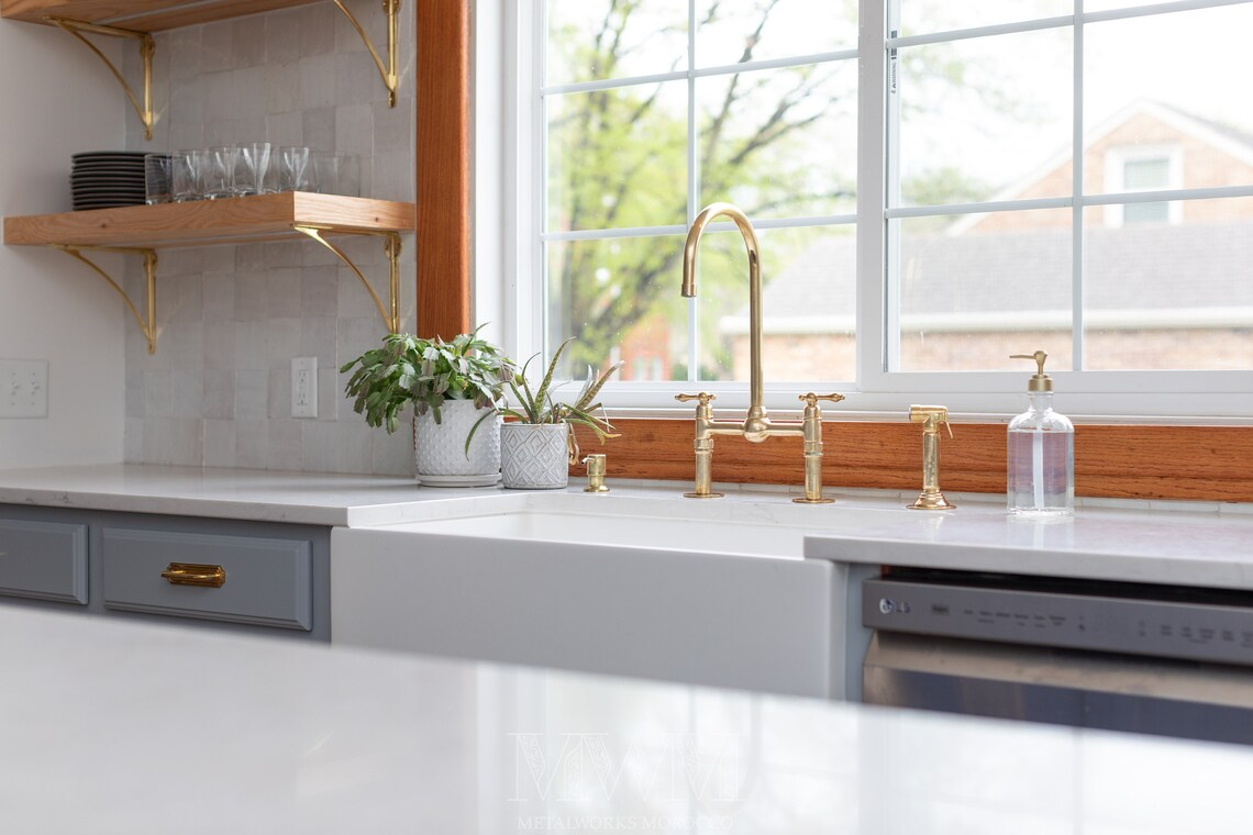 Brass 2-Hole Bridge Kitchen Faucet With Sprayer