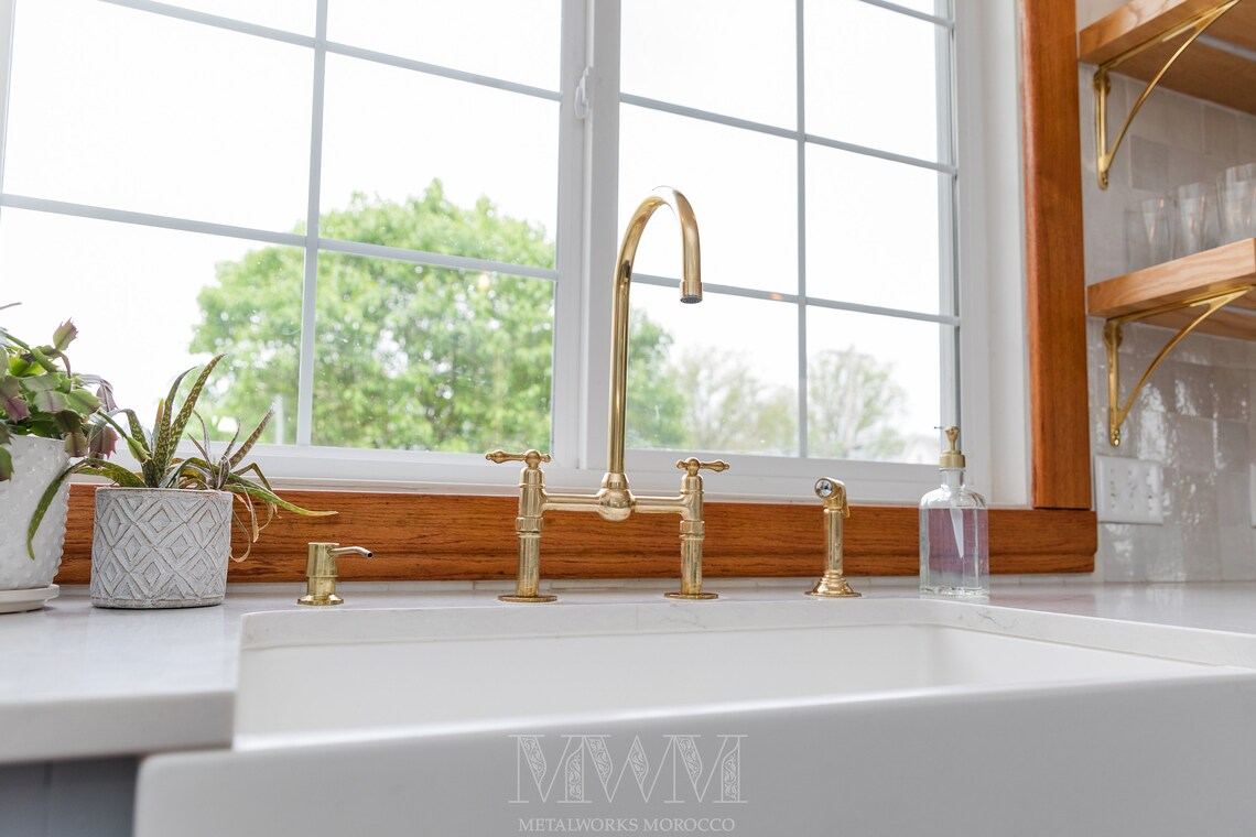 Brass 2-Hole Bridge Kitchen Faucet With Sprayer