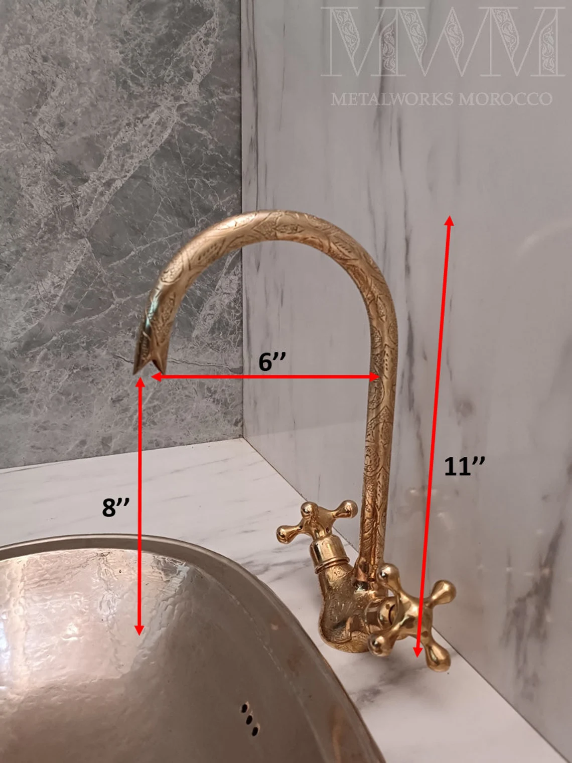 Brass Bathroom Sink faucet - Moroccan Embossed Sink Faucet - Gooseneck Faucet - Swan Neck Brass Faucet - Kitchen Faucet – close-up detail view