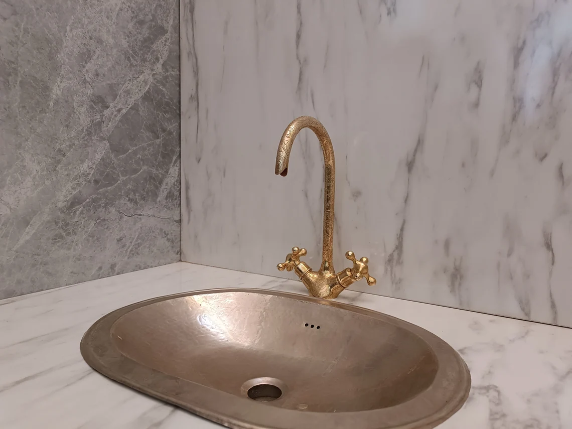 Brass Bathroom Sink faucet - Moroccan Embossed Sink Faucet - Gooseneck Faucet - Swan Neck Brass Faucet - Kitchen Faucet – side angle view