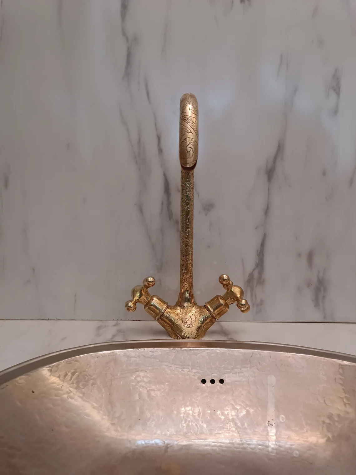 Brass Bathroom Sink faucet - Moroccan Embossed Sink Faucet - Gooseneck Faucet - Swan Neck Brass Faucet - Kitchen Faucet – top view