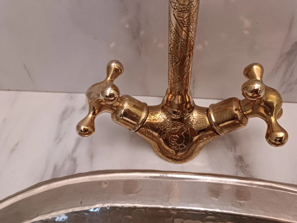 Brass Bathroom Sink faucet - Moroccan Embossed Sink Faucet - Gooseneck Faucet - Swan Neck Brass Faucet - Kitchen Faucet – alternate angle