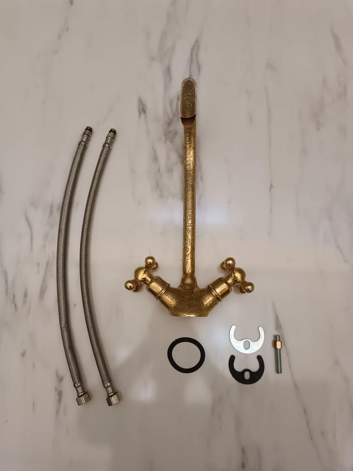 Brass Bathroom Sink faucet - Moroccan Embossed Sink Faucet - Gooseneck Faucet - Swan Neck Brass Faucet - Kitchen Faucet in styled room setting