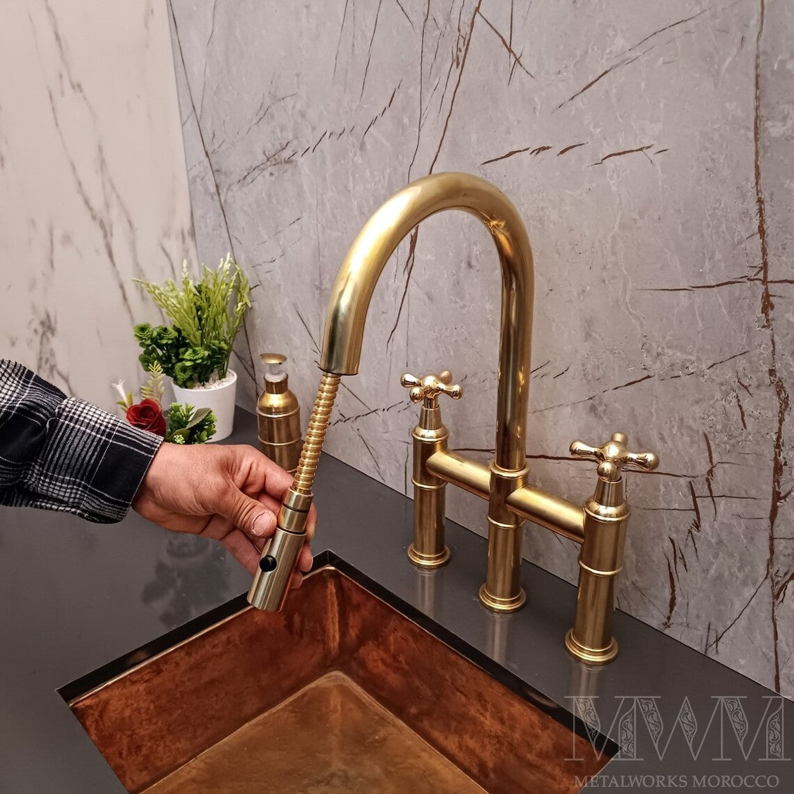 Unlacquered Brass Bridge Faucet With Pull Down Sprayer