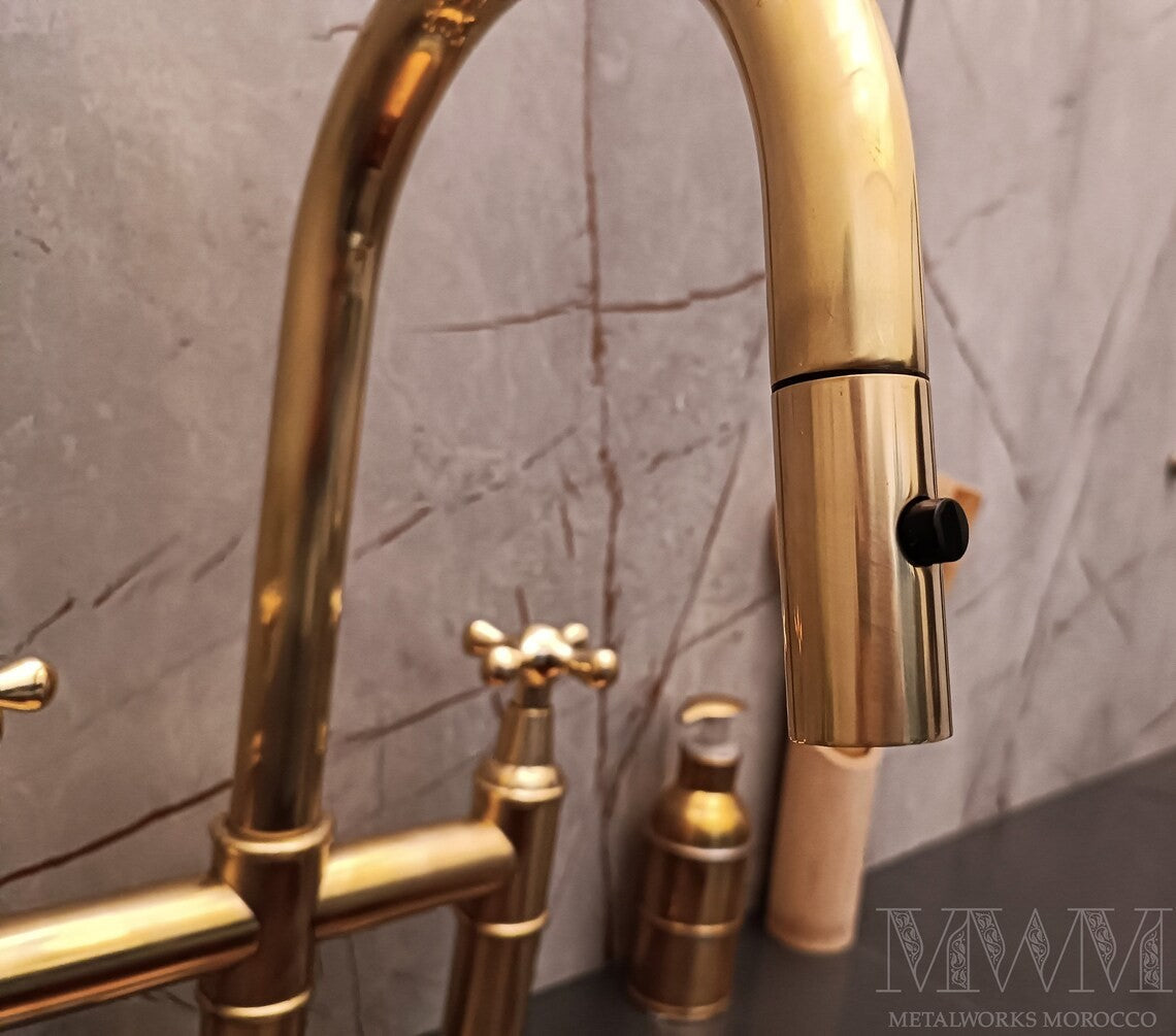 Unlacquered Brass Bridge Faucet With Pull Down Sprayer – side profile mounted on countertop