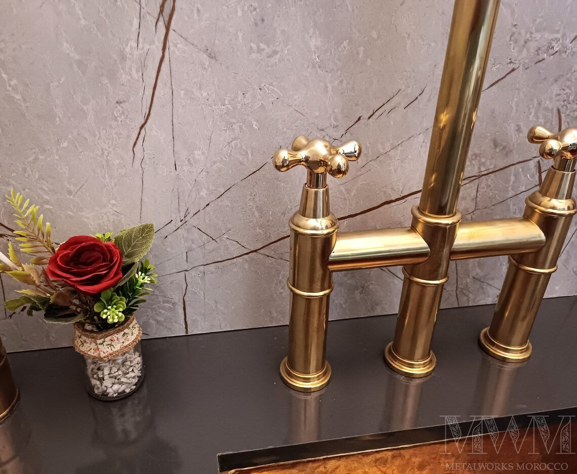 Unlacquered Brass Bridge Faucet With Pull Down Sprayer handle lever detail