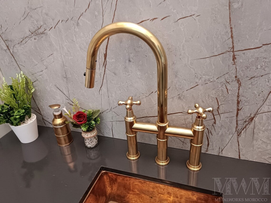 Unlacquered Brass Bridge Faucet With Pull Down Sprayer dimensions and reach specifications