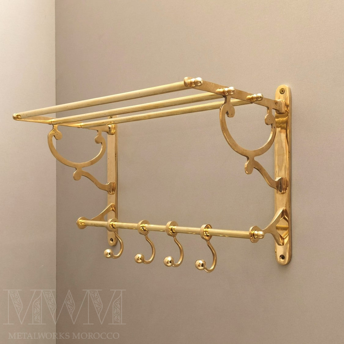 Wall-Mounted Unlacquered Brass Towel Rack And Hooks
